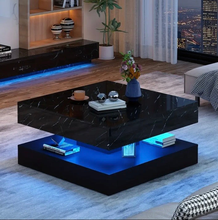 Modern LED Coffee Table with Storage - 33.9" High Gloss Center Table with 2 Drawers for Living Room