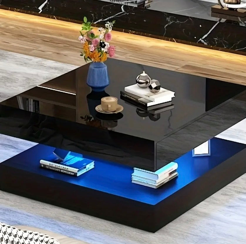 Modern LED Coffee Table with Storage - 33.9" High Gloss Center Table with 2 Drawers for Living Room