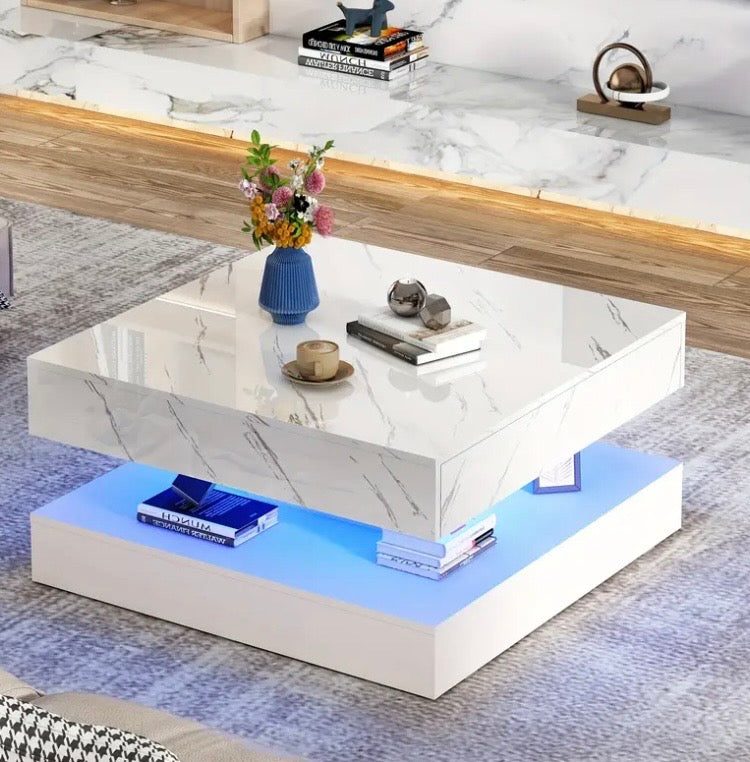 Modern LED Coffee Table with Storage - 33.9" High Gloss Center Table with 2 Drawers for Living Room