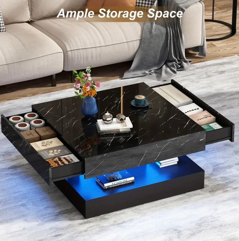 Modern LED Coffee Table with Storage - 33.9" High Gloss Center Table with 2 Drawers for Living Room