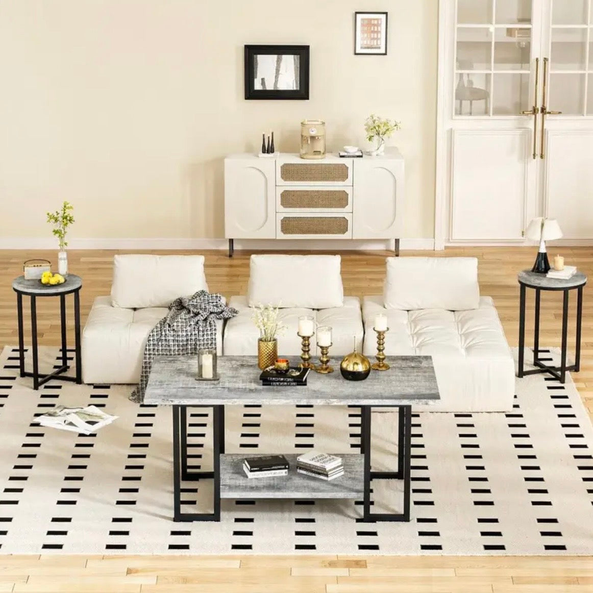 3-Piece Coffee Table Set - Faux Marble Top with 2 Round End Tables & Metal Frame