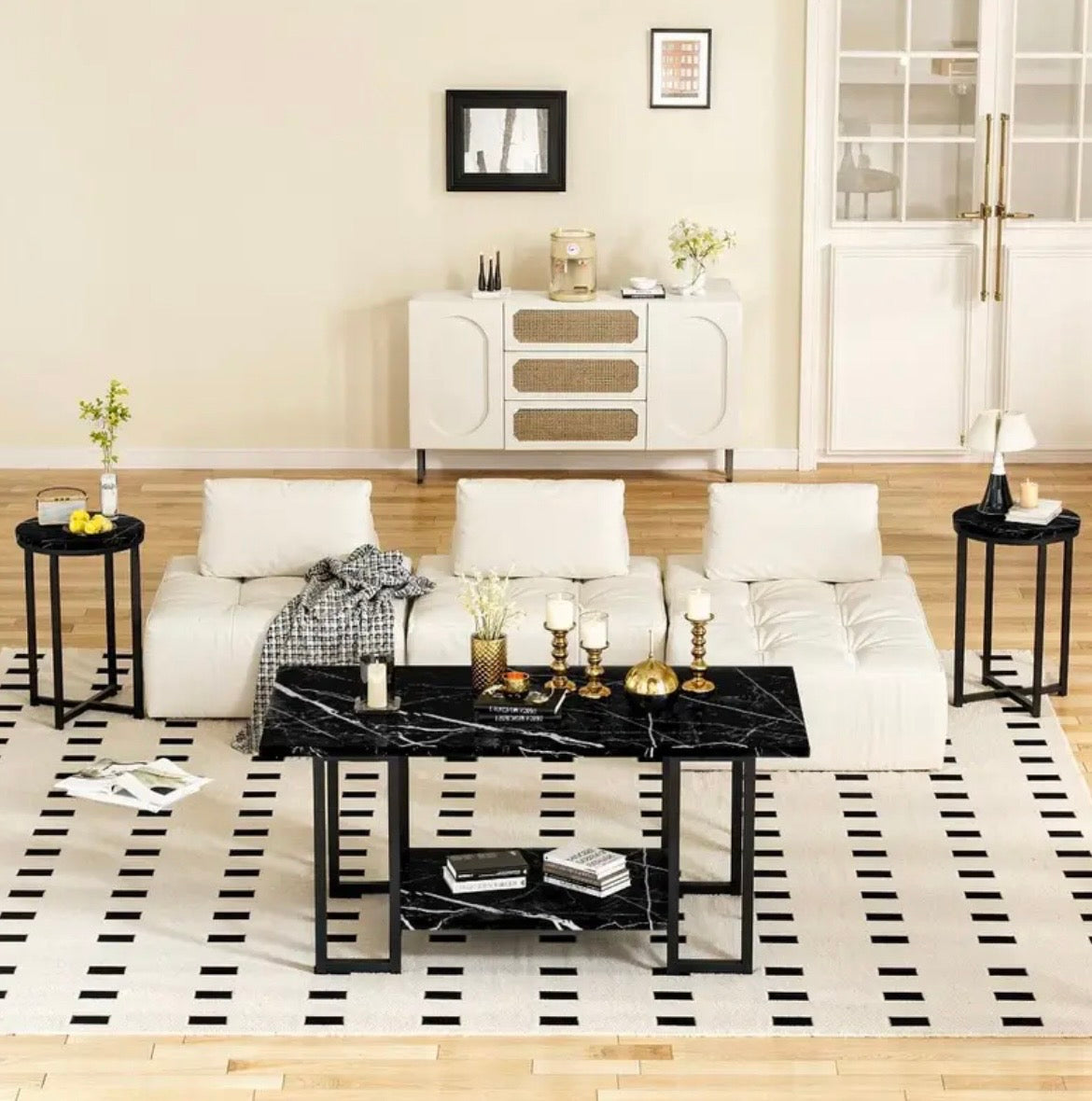 3-Piece Coffee Table Set - Faux Marble Top with 2 Round End Tables & Metal Frame