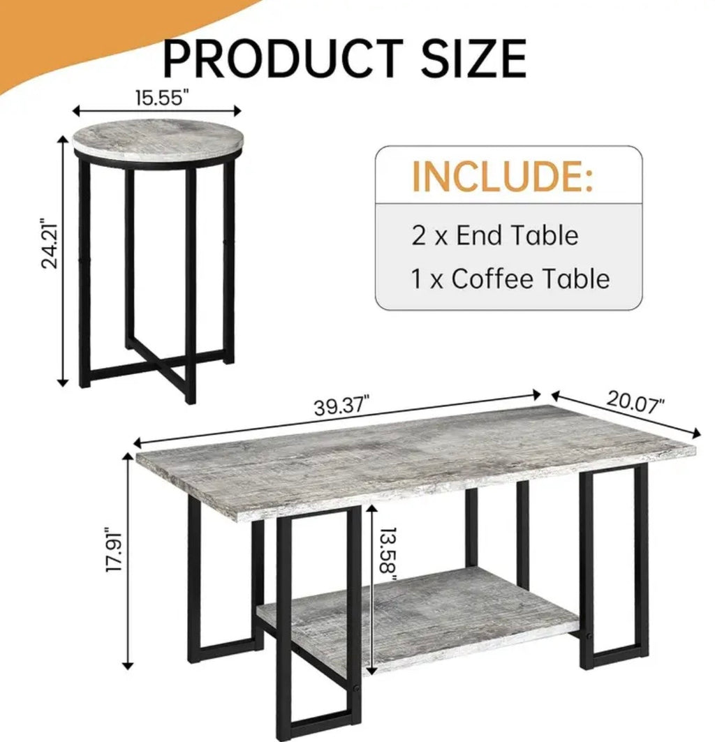 3-Piece Coffee Table Set - Faux Marble Top with 2 Round End Tables & Metal Frame