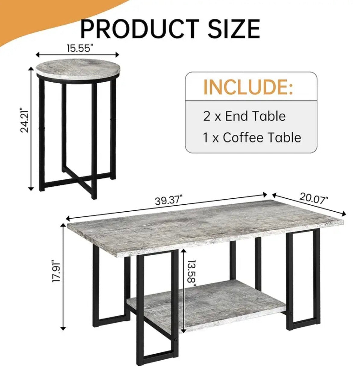 3-Piece Coffee Table Set - Faux Marble Top with 2 Round End Tables & Metal Frame