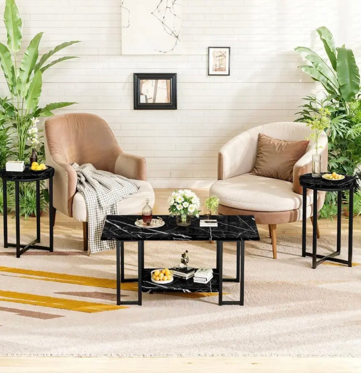 3-Piece Coffee Table Set - Faux Marble Top with 2 Round End Tables & Metal Frame