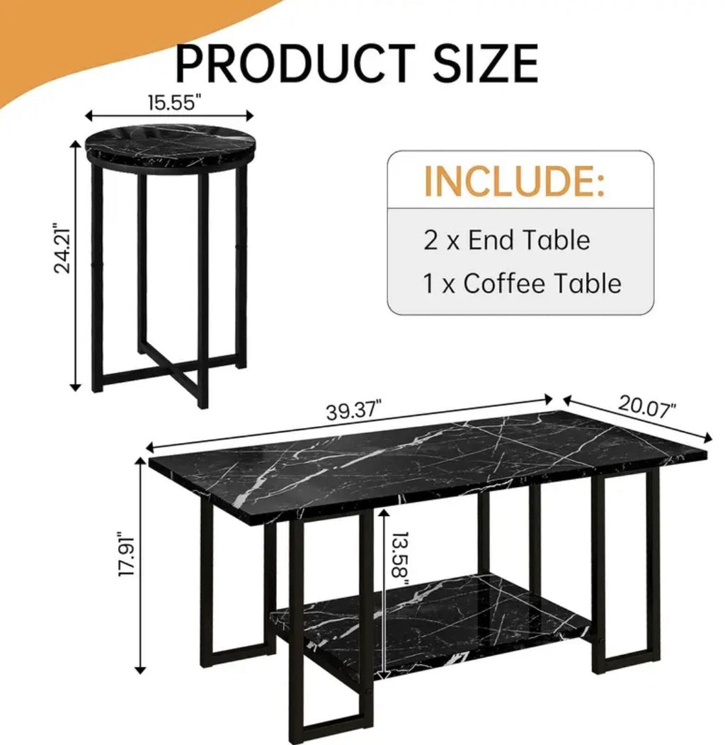 3-Piece Coffee Table Set - Faux Marble Top with 2 Round End Tables & Metal Frame