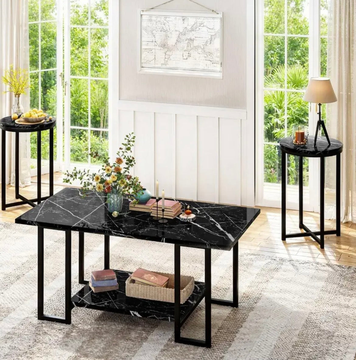 3-Piece Coffee Table Set - Faux Marble Top with 2 Round End Tables & Metal Frame