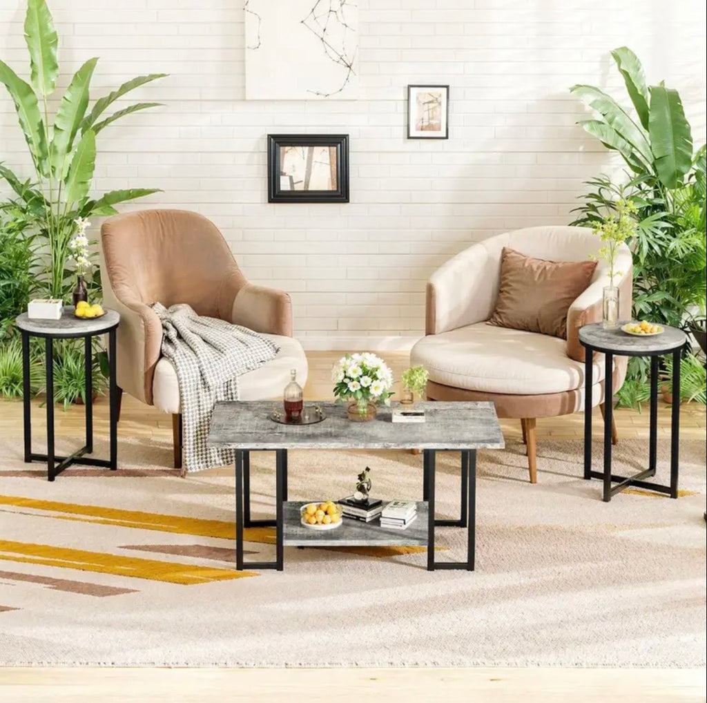 3-Piece Coffee Table Set - Faux Marble Top with 2 Round End Tables & Metal Frame