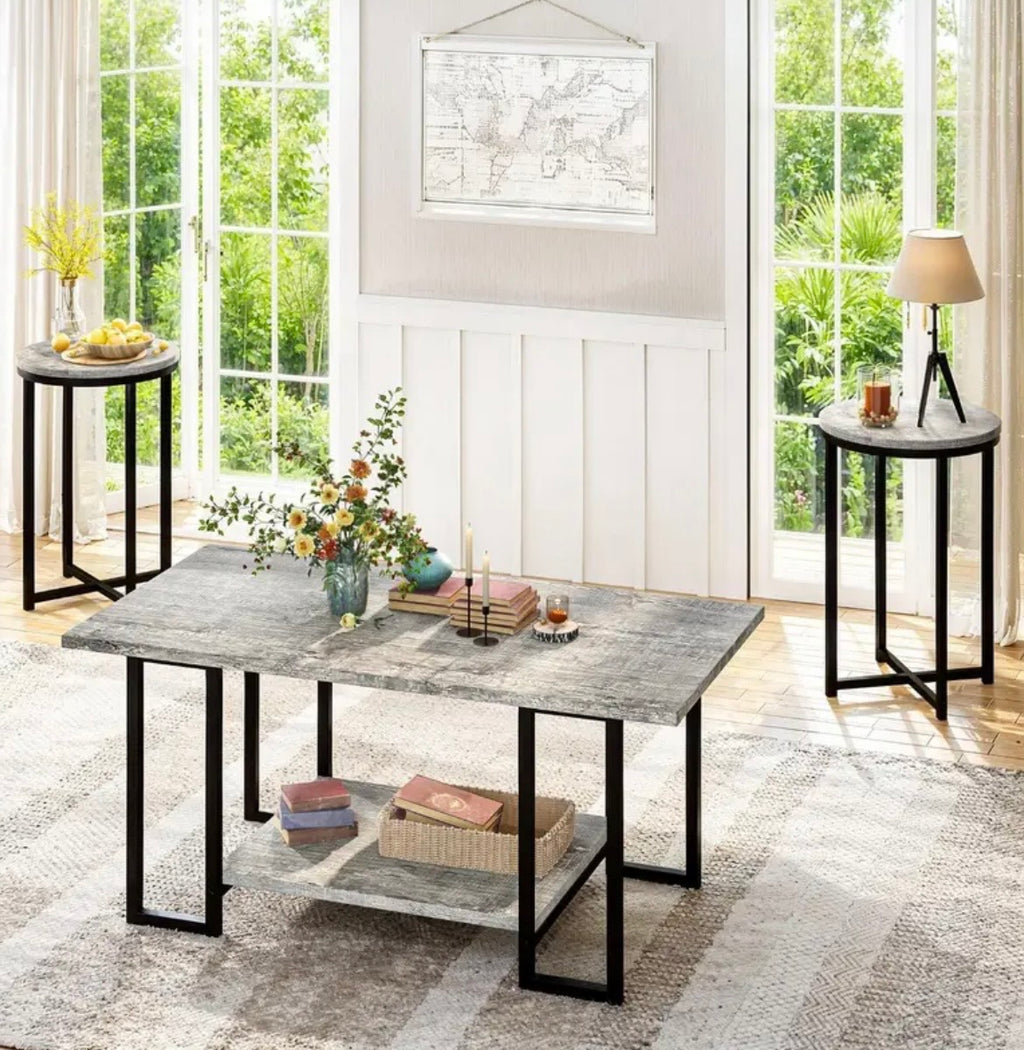 3-Piece Coffee Table Set - Faux Marble Top with 2 Round End Tables & Metal Frame