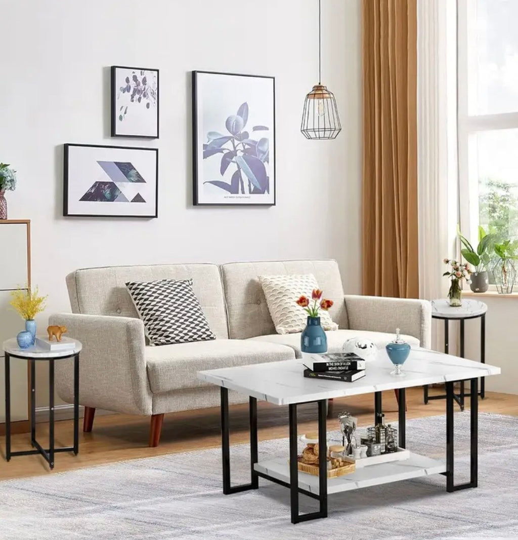 3-Piece Coffee Table Set - Faux Marble Top with 2 Round End Tables & Metal Frame
