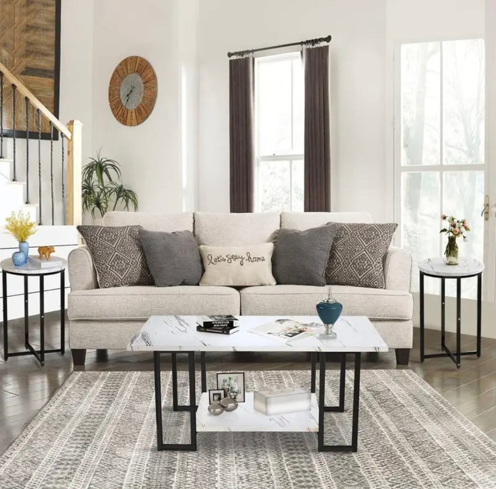 3-Piece Coffee Table Set - Faux Marble Top with 2 Round End Tables & Metal Frame