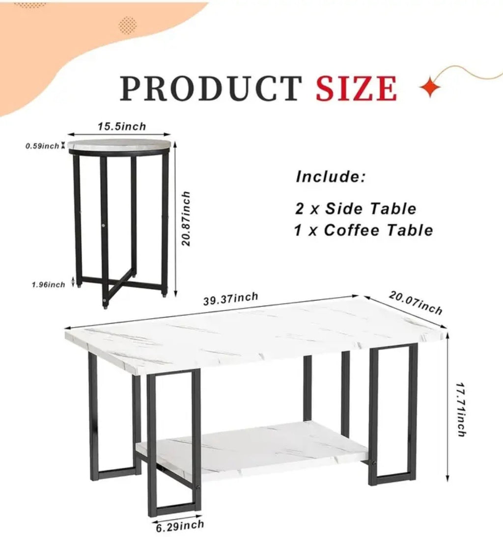 3-Piece Coffee Table Set - Faux Marble Top with 2 Round End Tables & Metal Frame