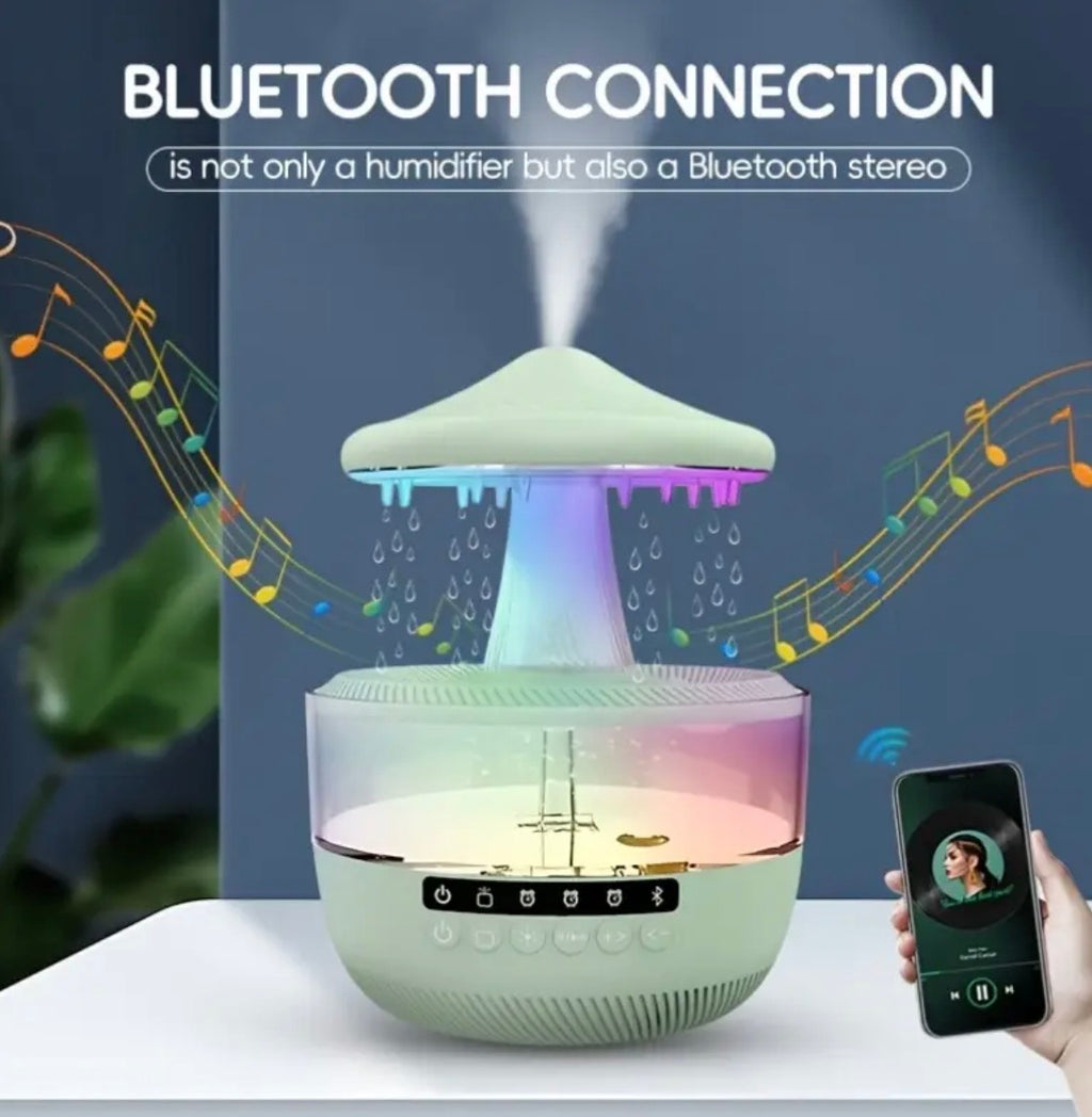 Bluetooth Raindrop Humidifier with LED Lights - 11.83oz Essential Oil Diffuser & Music Speaker