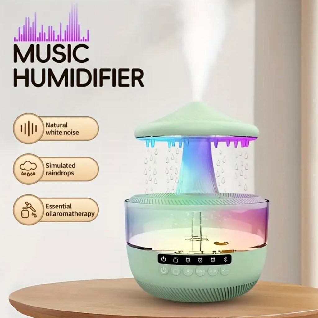Bluetooth Raindrop Humidifier with LED Lights - 11.83oz Essential Oil Diffuser & Music Speaker