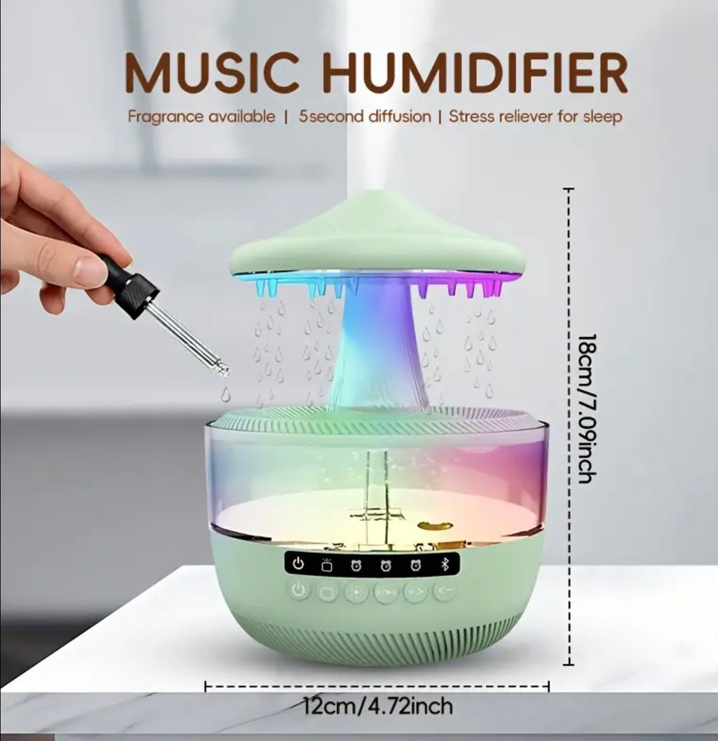 Bluetooth Raindrop Humidifier with LED Lights - 11.83oz Essential Oil Diffuser & Music Speaker