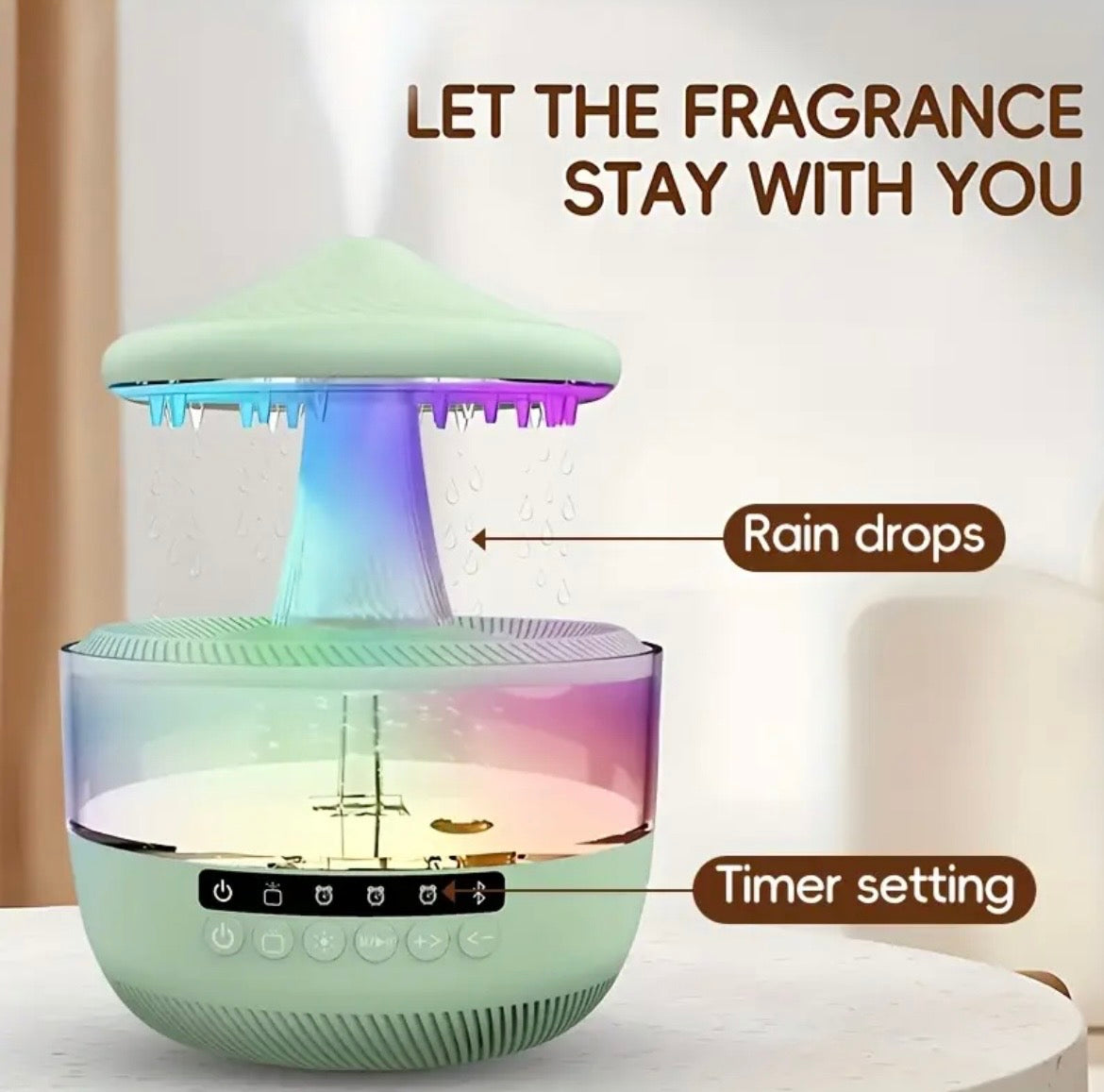 Bluetooth Raindrop Humidifier with LED Lights - 11.83oz Essential Oil Diffuser & Music Speaker