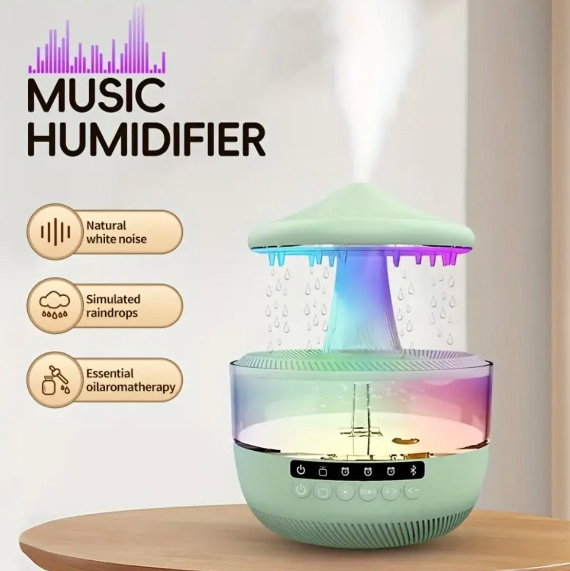 Bluetooth Raindrop Humidifier with LED Lights - 11.83oz Essential Oil Diffuser & Music Speaker