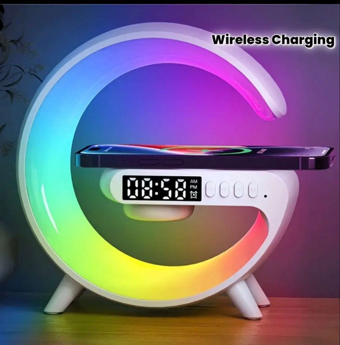 Wireless Charging Night Light with Bluetooth Speaker & Alarm - RGB Bedside Lamp with Sunrise Simulation