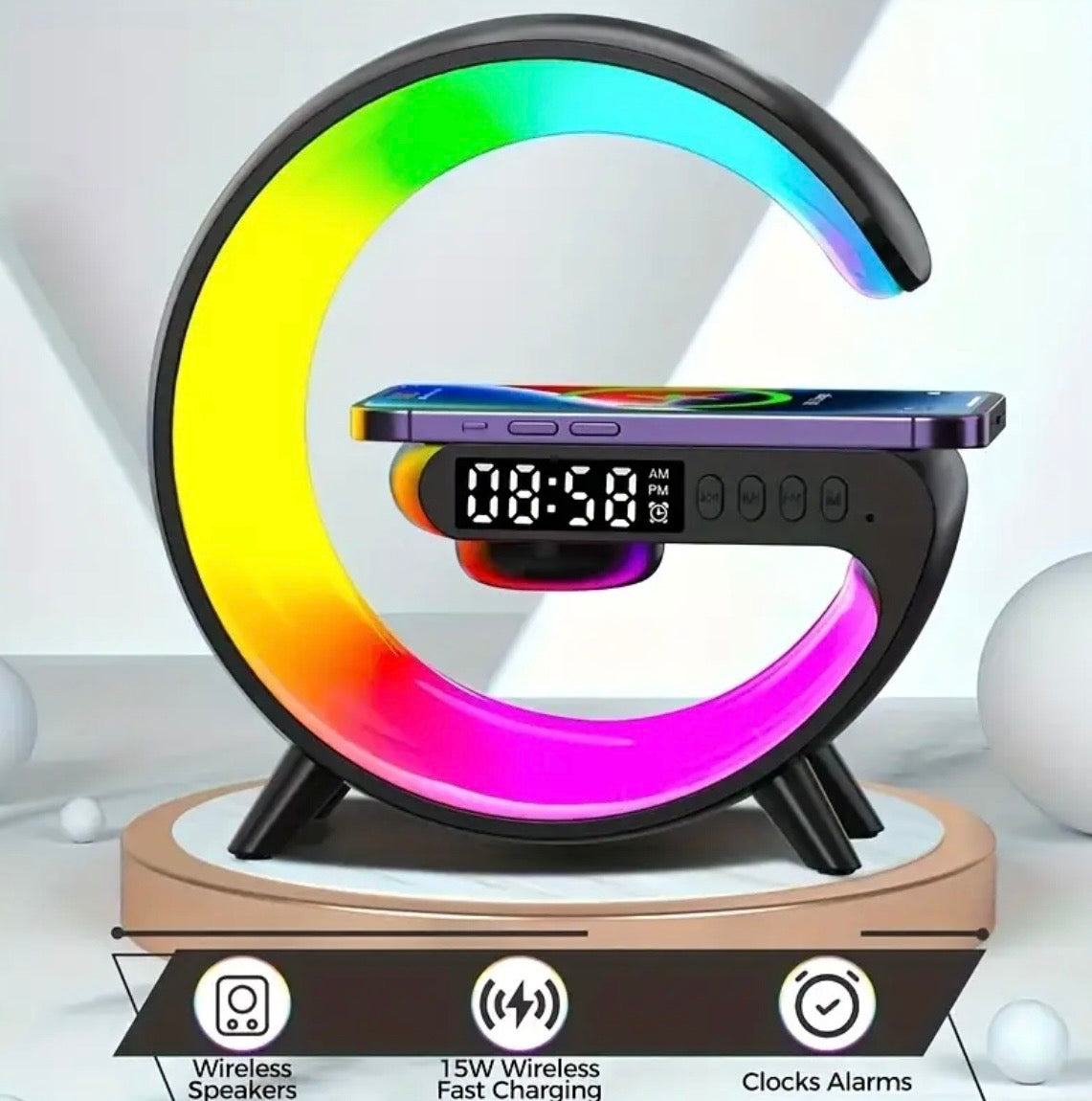 Wireless Charging Night Light with Bluetooth Speaker & Alarm - RGB Bedside Lamp with Sunrise Simulation