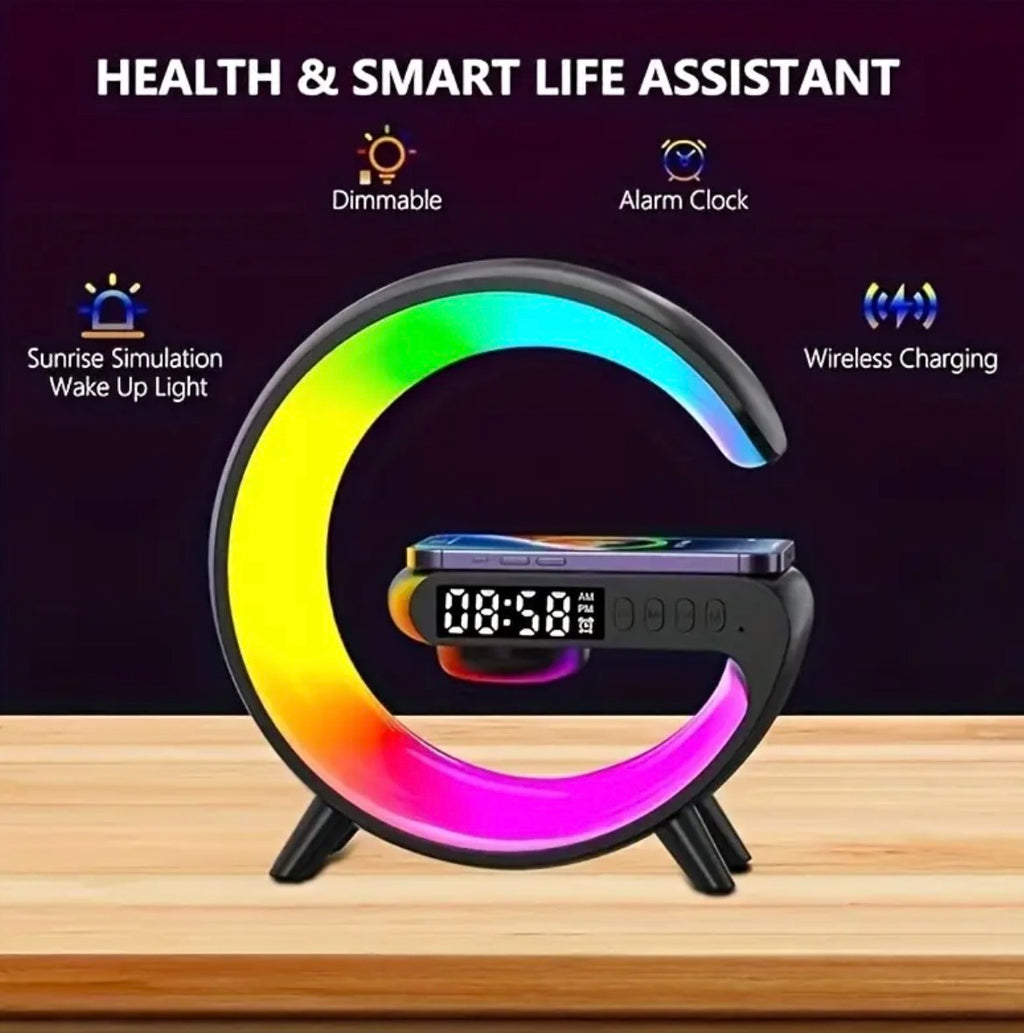 Wireless Charging Night Light with Bluetooth Speaker & Alarm - RGB Bedside Lamp with Sunrise Simulation