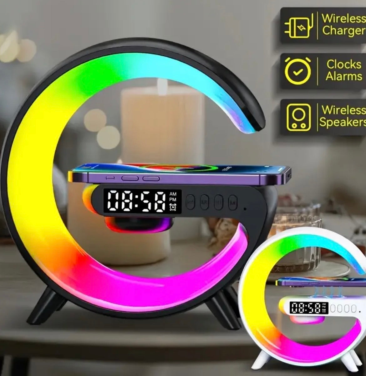 Wireless Charging Night Light with Bluetooth Speaker & Alarm - RGB Bedside Lamp with Sunrise Simulation