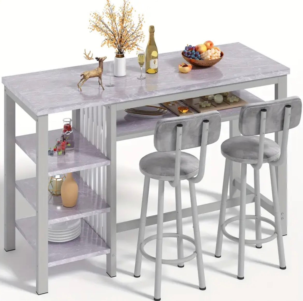 3-Piece Bar Table Set - Modern Faux Marble Pub Table with 2 Stools & Storage Shelves