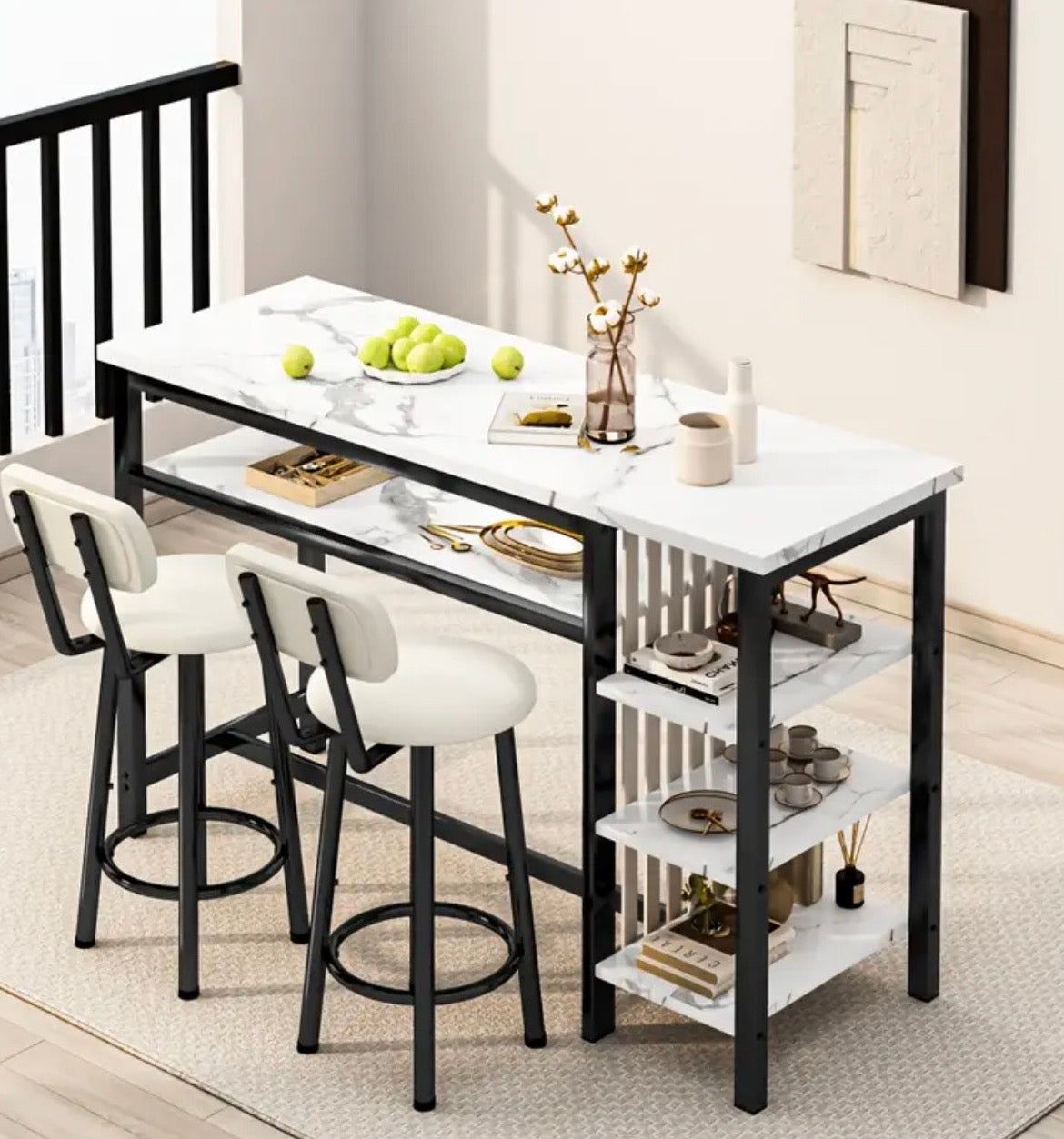 3-Piece Bar Table Set - Modern Faux Marble Pub Table with 2 Stools & Storage Shelves