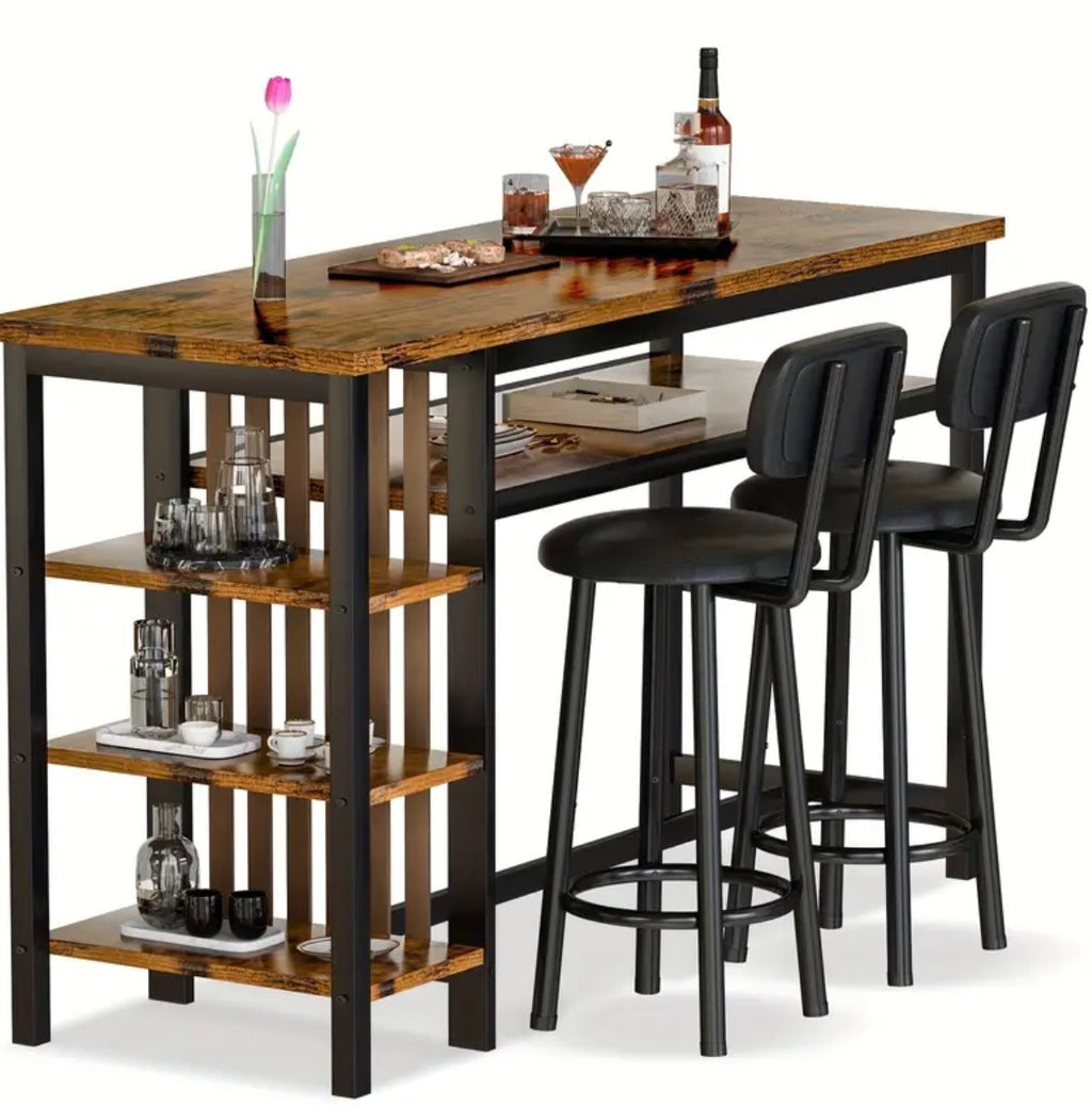 3-Piece Bar Table Set - Modern Faux Marble Pub Table with 2 Stools & Storage Shelves