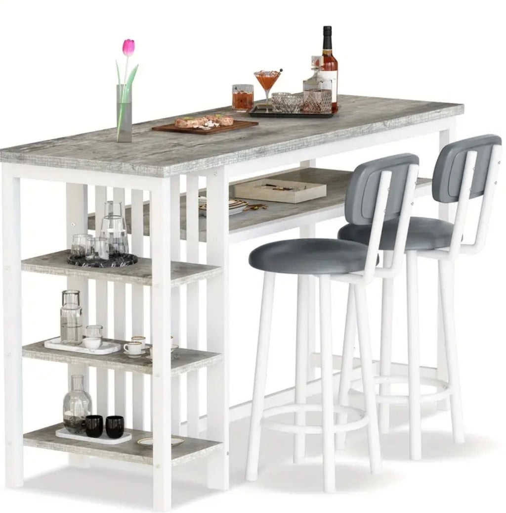 3-Piece Bar Table Set - Modern Faux Marble Pub Table with 2 Stools & Storage Shelves