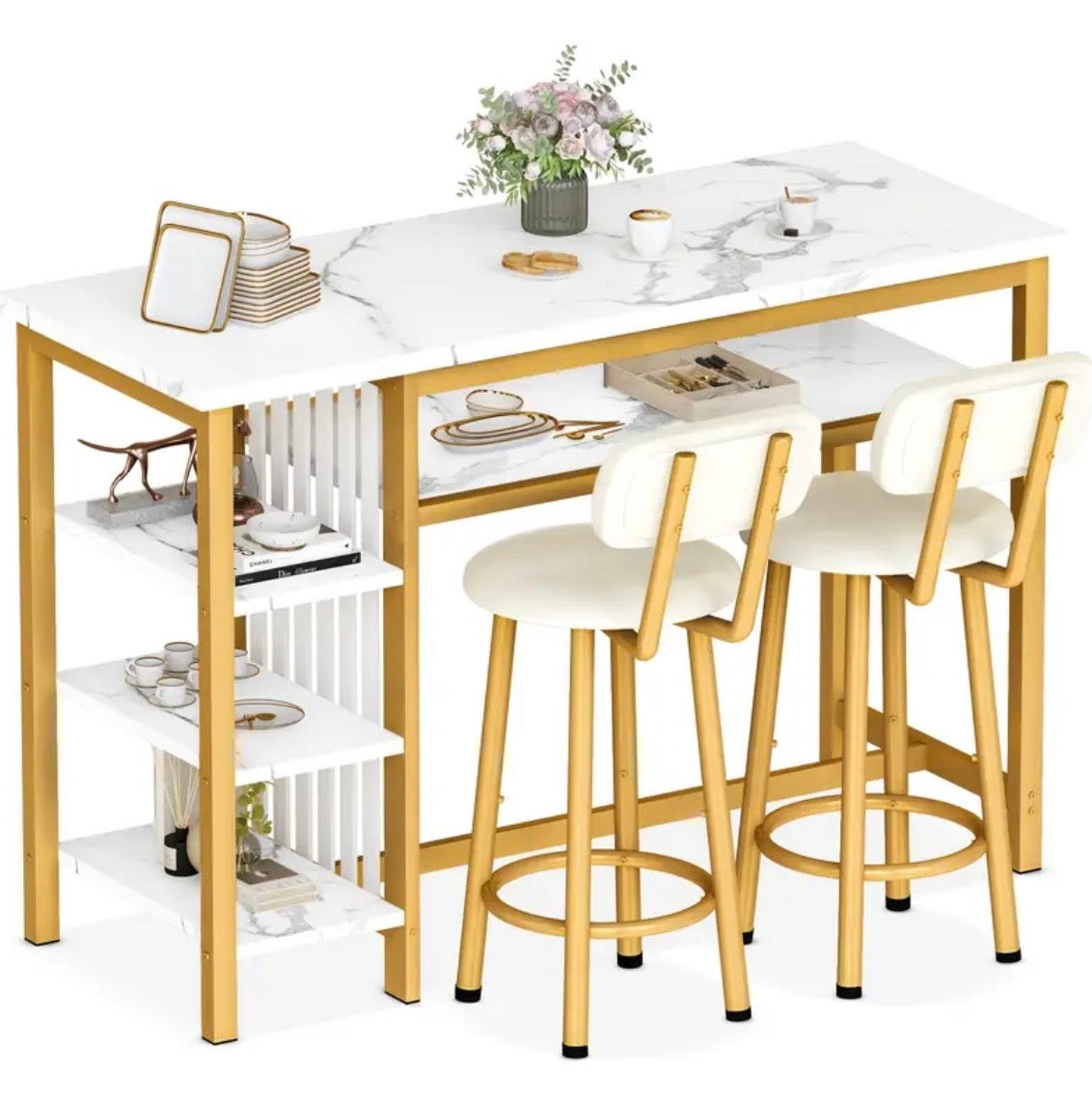 3-Piece Bar Table Set - Modern Faux Marble Pub Table with 2 Stools & Storage Shelves