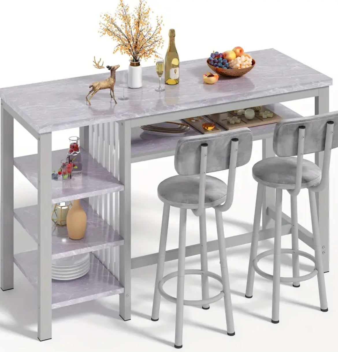 3-Piece Bar Table Set - Modern Faux Marble Pub Table with 2 Stools & Storage Shelves