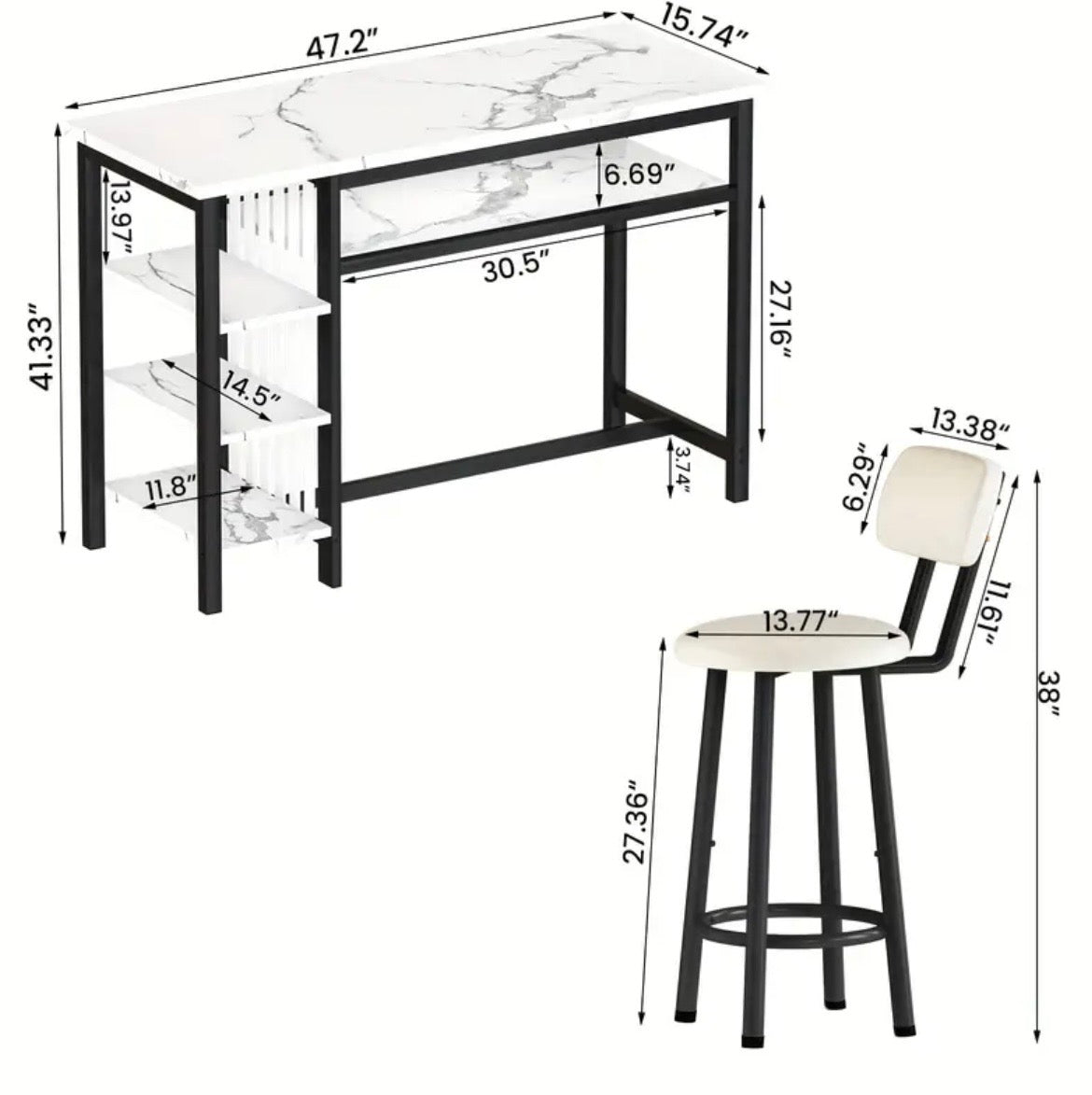 3-Piece Bar Table Set - Modern Faux Marble Pub Table with 2 Stools & Storage Shelves