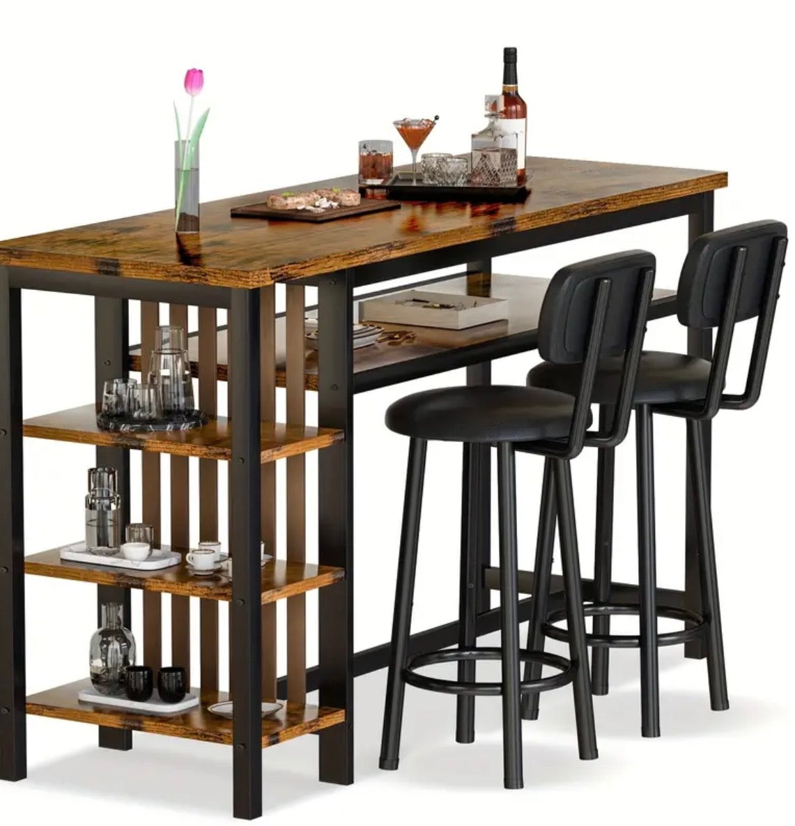 3-Piece Bar Table Set - Modern Faux Marble Pub Table with 2 Stools & Storage Shelves