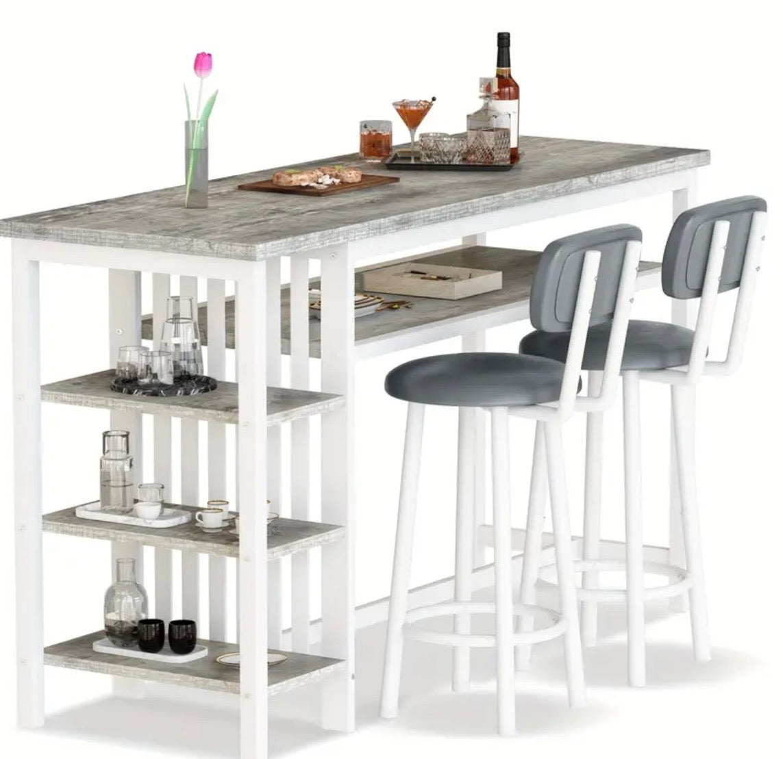 3-Piece Bar Table Set - Modern Faux Marble Pub Table with 2 Stools & Storage Shelves