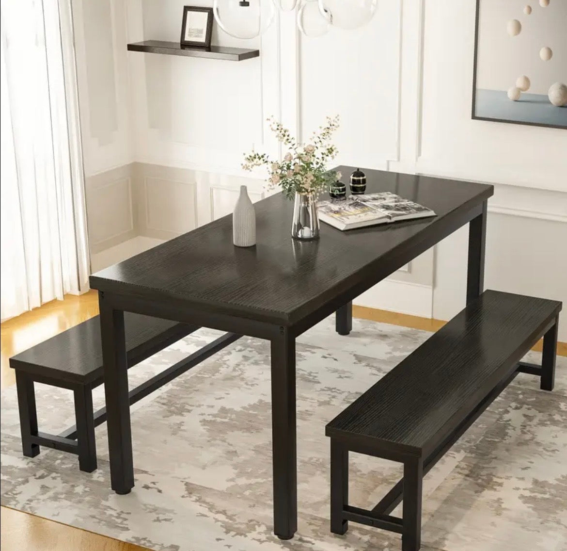5-Piece Dining Table Set for 4 - Modern Kitchen Table with 2 Benches, Wood Top & Metal Frame
