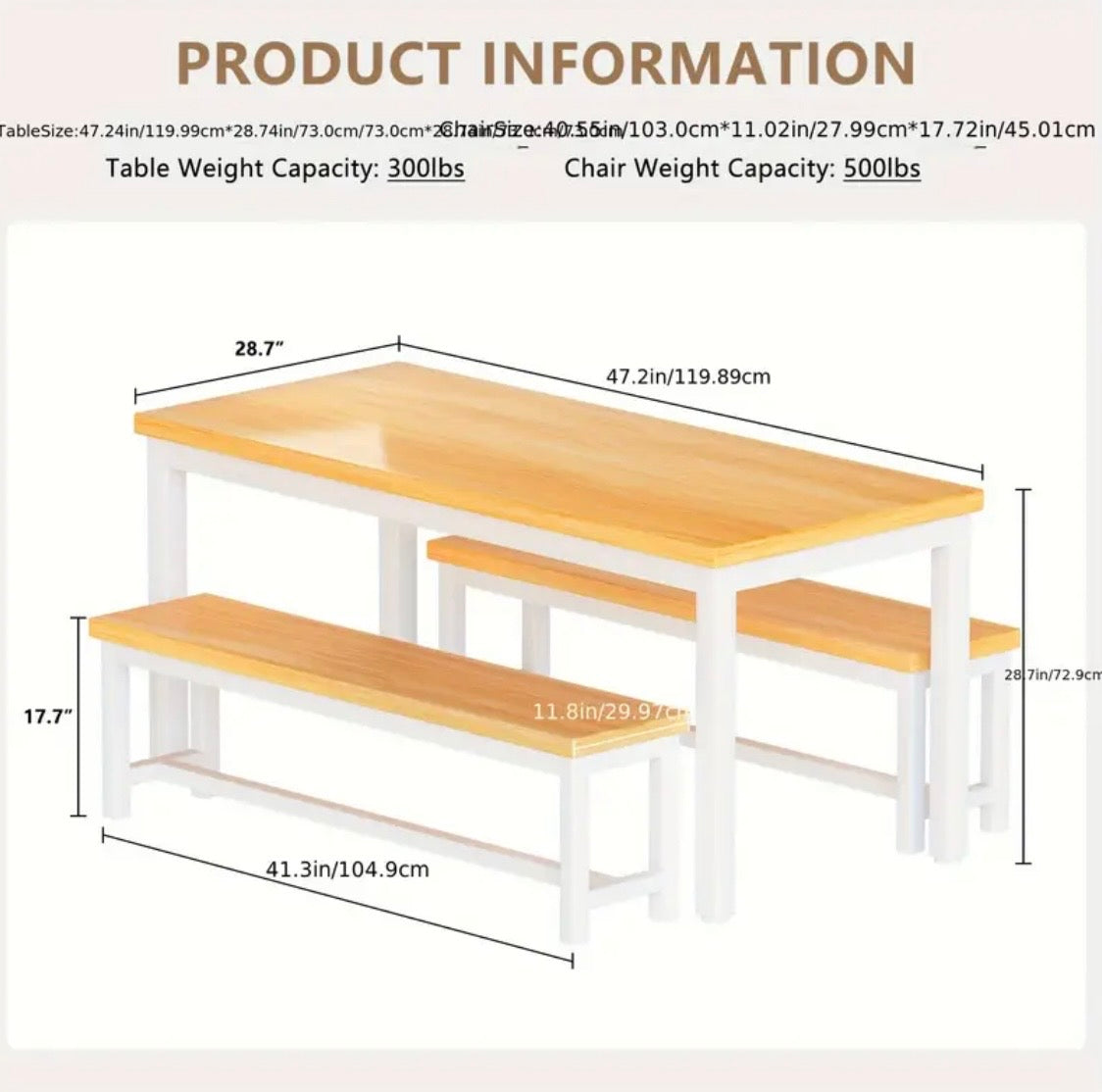 5-Piece Dining Table Set for 4 - Modern Kitchen Table with 2 Benches, Wood Top & Metal Frame