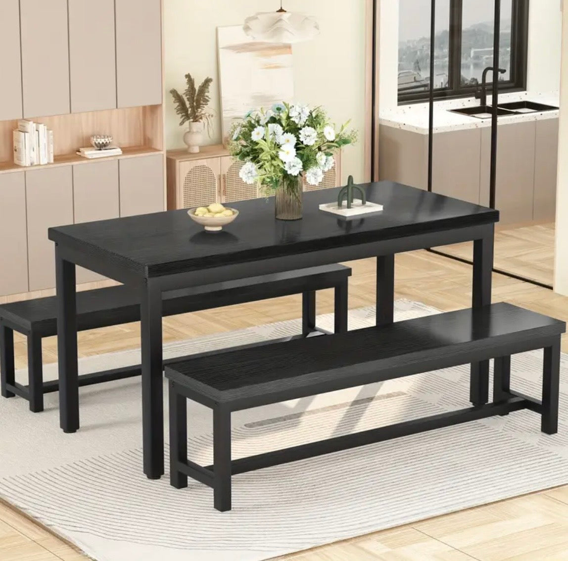 5-Piece Dining Table Set for 4 - Modern Kitchen Table with 2 Benches, Wood Top & Metal Frame