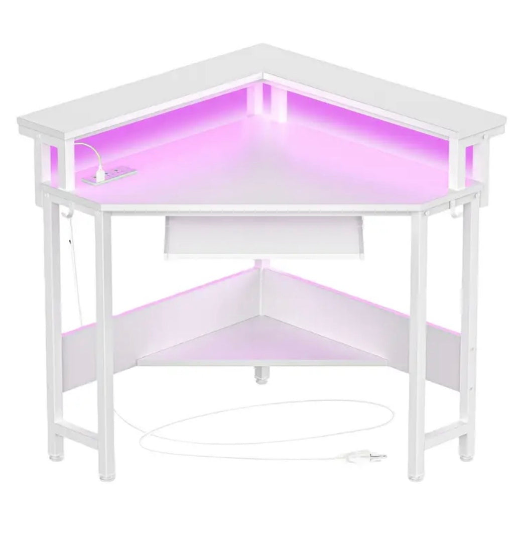 Gaming Corner Desk with LED Lights - Computer Desk with Storage, Power Outlets & Monitor Stand