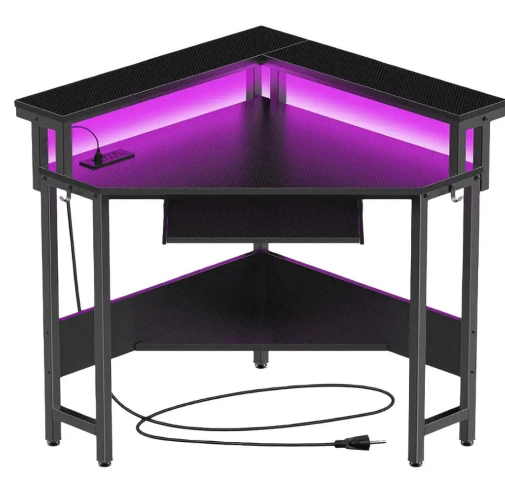 Gaming Corner Desk with LED Lights - Computer Desk with Storage, Power Outlets & Monitor Stand