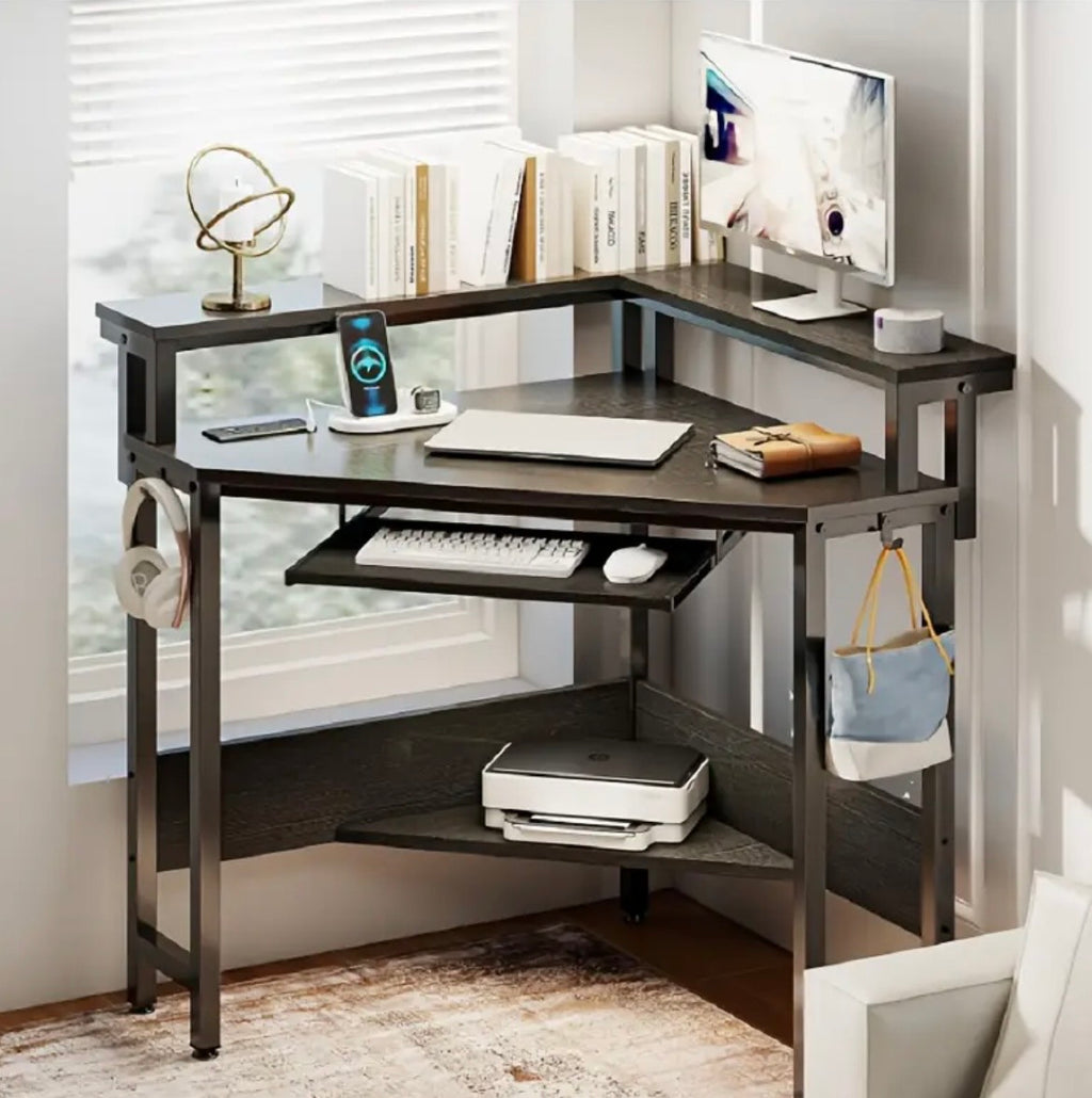 Gaming Corner Desk with LED Lights - Computer Desk with Storage, Power Outlets & Monitor Stand