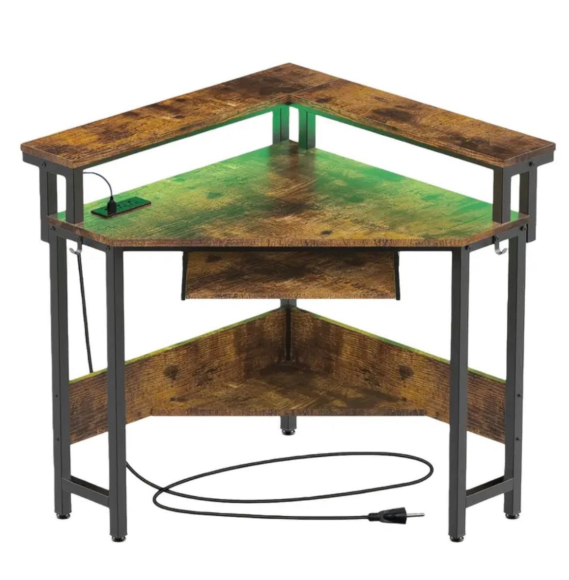 Gaming Corner Desk with LED Lights - Computer Desk with Storage, Power Outlets & Monitor Stand