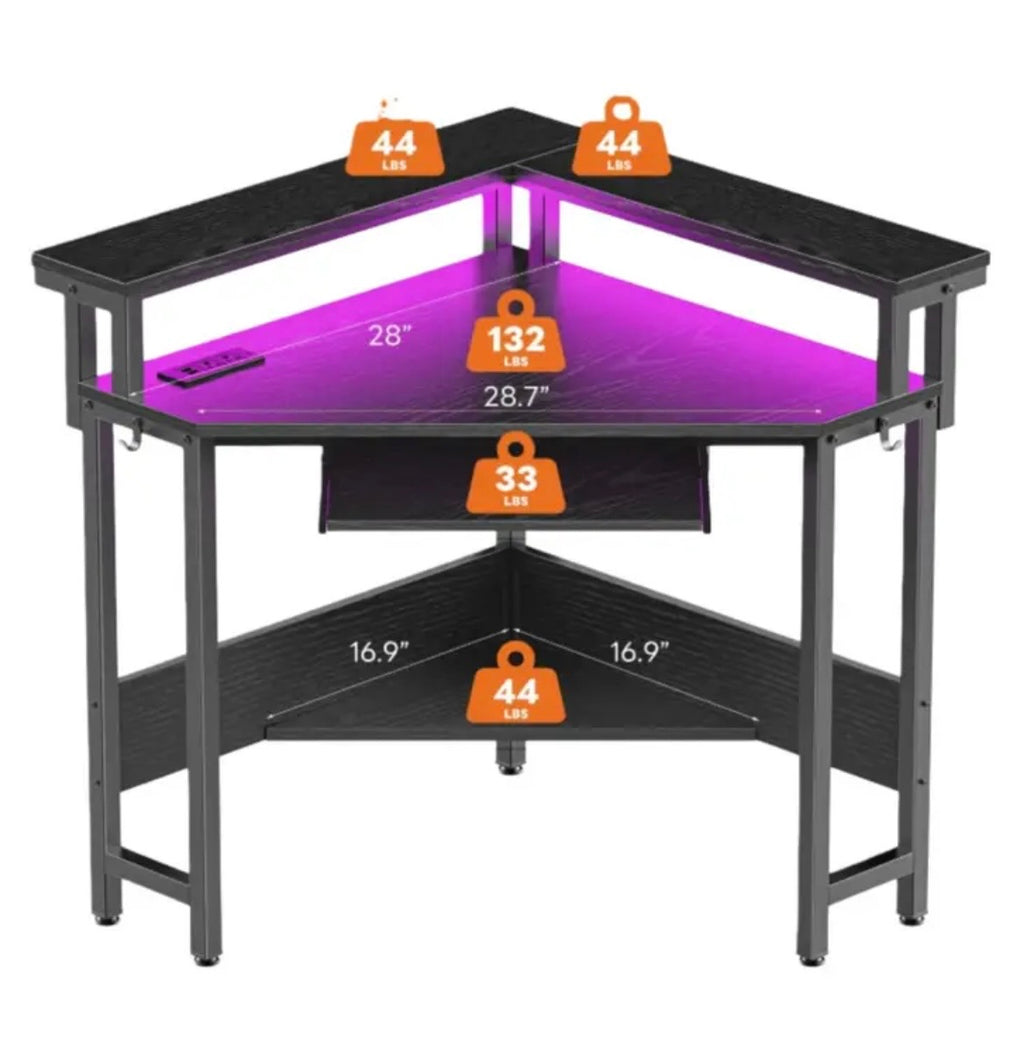 Gaming Corner Desk with LED Lights - Computer Desk with Storage, Power Outlets & Monitor Stand