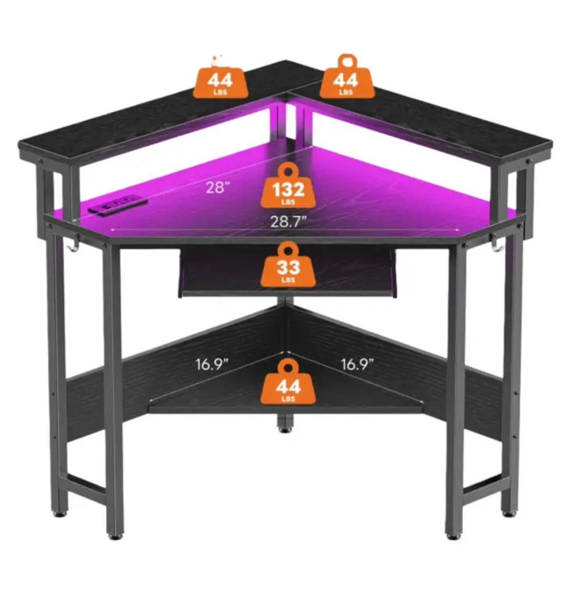 Gaming Corner Desk with LED Lights - Computer Desk with Storage, Power Outlets & Monitor Stand