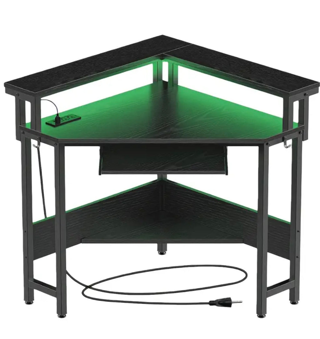 Gaming Corner Desk with LED Lights - Computer Desk with Storage, Power Outlets & Monitor Stand