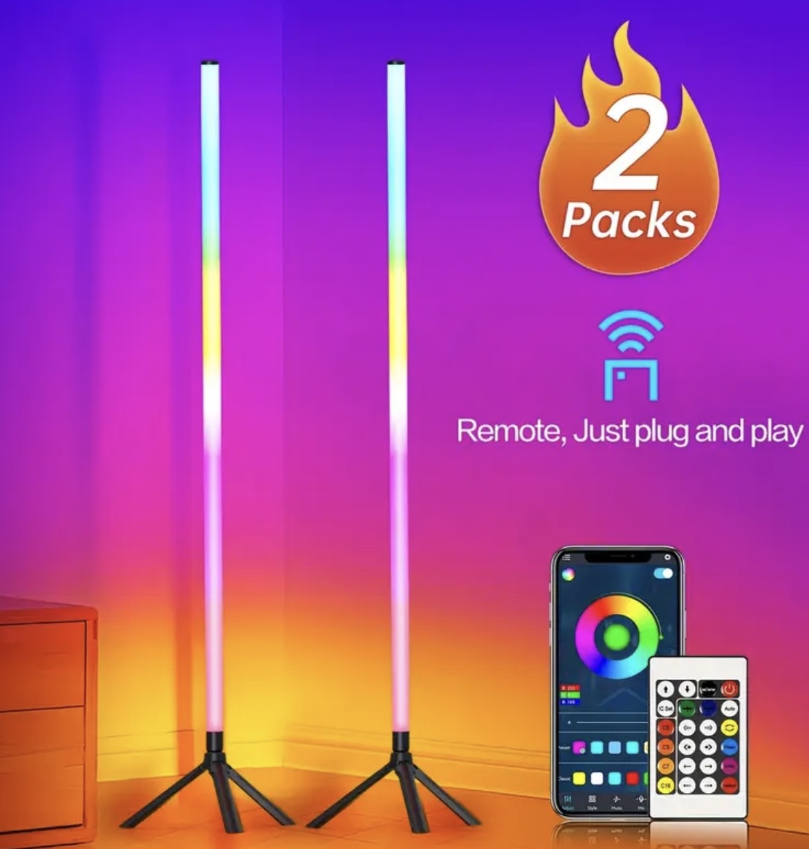 RGB Color Changing Corner Floor Lamp - Smart LED with App Control, Music Sync & 16M Colors