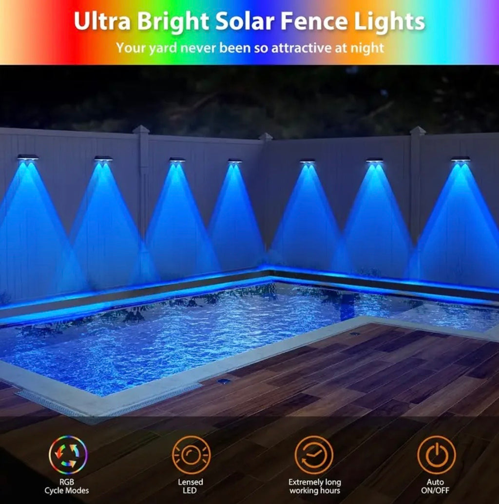 Solar Fence Lights Outdoor 4-Pack - Colorful LED Deck & Patio Lights with 9 Color Modes