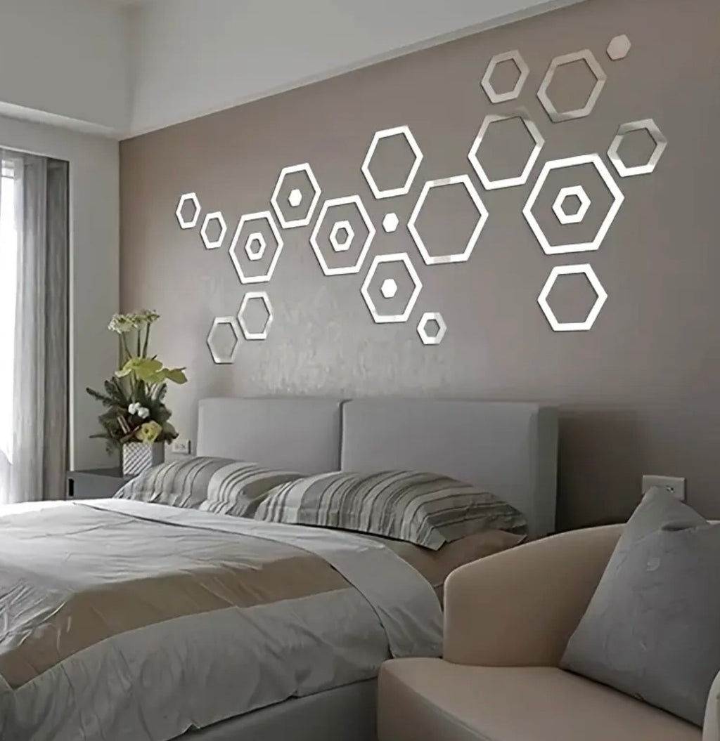Hexagon Mirror Wall Decals - 24-Piece 3D Acrylic Self-Adhesive Stickers for Bedroom, Living Room & Home Decor