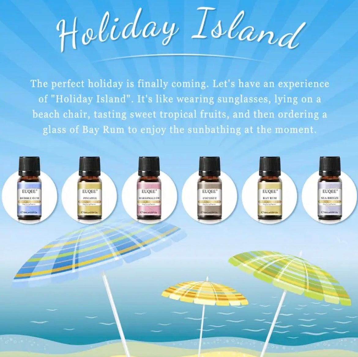 Holiday Island Fragrance Oil Set - 6 Tropical Scents (2oz Each) | Coconut, Pineapple & Beach-Inspired Aromatherapy Oils